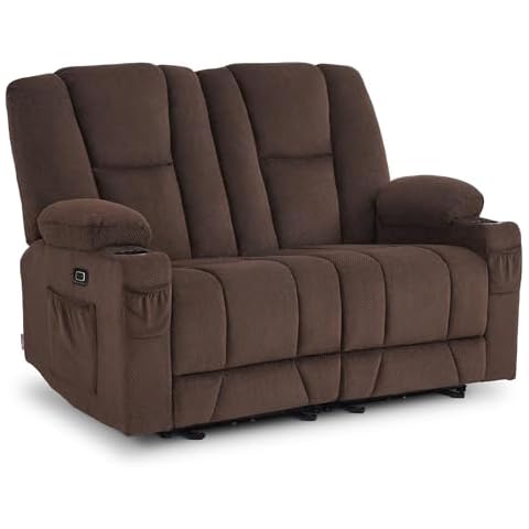 MCombo 61.8" Power Loveseat Recliner with Heat and Vibration, Fabric Electric Reclining Loveseat, USB Charge Port, Cup Holders for Living Room 6025 (Brown) Cover
