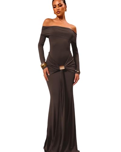 Women\'s Elegant Off Shoulder Long Sleeve Maxi Dress Sexy Strapless Ruched Metal Buckle Ribbon Bodycon Party Cocktail Dresses Brown