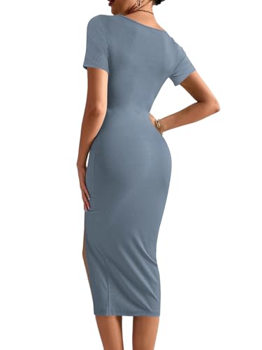 Image of Rooscier Women's Twist Cutout Waist Split Crewneck Short Sleeve Bodycon Midi Dress