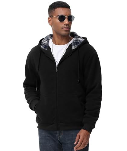 Sherpa Fleece Lined Jacket for Men Plaid Hoodie Zip Up Heavyweight Sweatshirt Winter Warm Thick Coat with Elbow Patches — view 2
