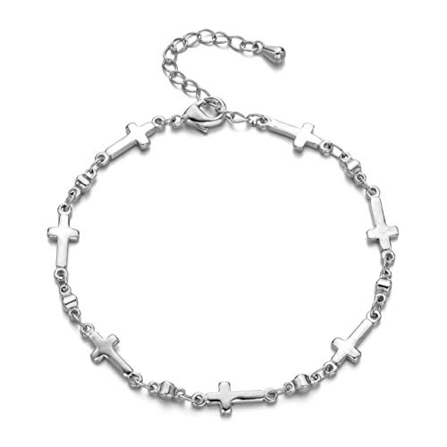 Jingran Platinum Plated Adjustable Bracelet Sideways Cross Bracelet for Women Girls (White Gold)