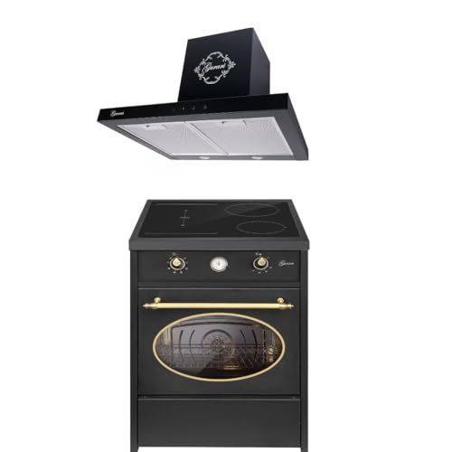 GURARI Herdset GCH E 612 BL r + GCH F 462 BL 6 Prime, Retro Induktions Standherd 60 cm, Range Coocker, 60 L, Schwarz+Dunstabzugshaube, Wandhaube 60 cm, 1000m3/h, Schwarz, Abluft/Umluft Haube
