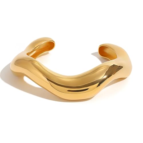 Gold Bangle Bracelets for Women,Cuff Bracelet, 18K Gold-plated Open Bangle Bracelet, Wave Twisted Hinged Open Bangle Bracelets, Gold Plated Thick Cuff Bracelets Trendy Jewelry Gifts ﻿