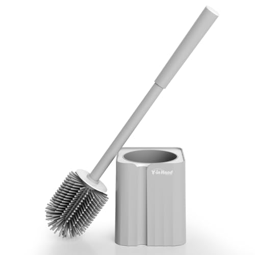 Y-in Hand Toilet Brush and Holder Set, Silicone Toilet Bowl Cleaner Brush Bristles, Bathroom and RV Cleaning Tools, Space Saving Toilet Scrubber, Wall Mountable. (Grey)