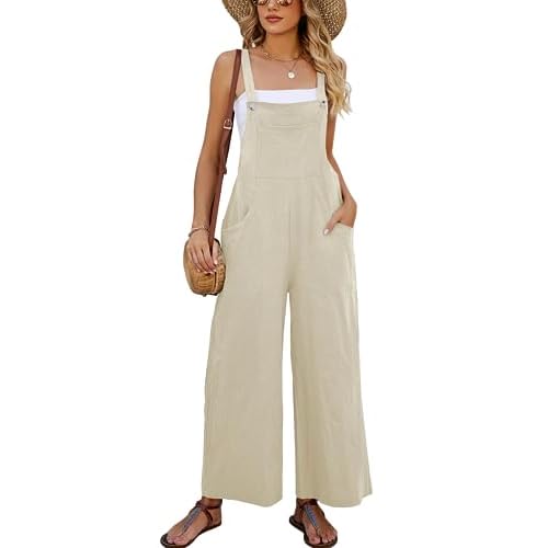 Eisctnd Overalls Women Sleeveless Baggy Jumpsuit for Women Comfortable Casual Wide Leg Rompers with Pockets Beige 3X-Large