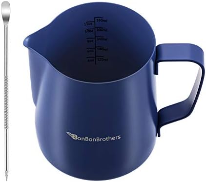 12 Oz Milk Frothing Pitcher, Bonbonbrothers Espresso Steaming Pitcher with Scales for Latte Art - Blue