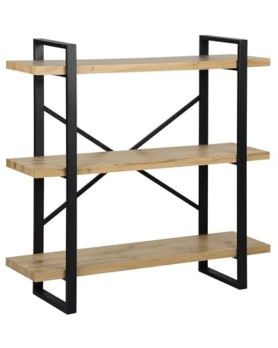 Estantería de 3 niveles madera clara con marco de metal negro estantes abiertos industrial con respaldo cruzado minimalista Timber