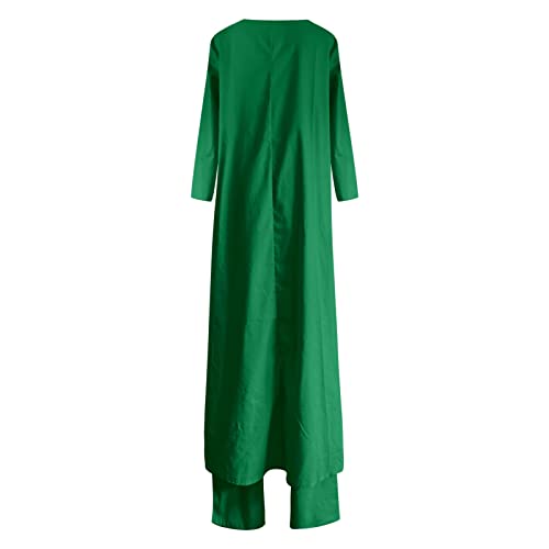 STKOOBQ Terno feminino de algodão He Mp moda confortável manga curta e calça comprida cor lisa, Verd