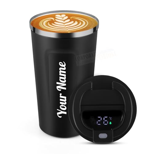 Image of CORPORATE PORIUM Personalised Insulated Coffee Travel Mug with Touch Screen Digital Temperature Display Travel Flasks, 510 Ml, 304 Stainless Steel Diwali Item - Leak Proof, Thermal Mug