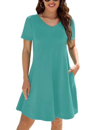 Image of KORSIS Dresses for Women Casual T-Shirt Summer Short Sleeve Loose Comfy Dress Swing Flowy Beach Vacation Sundress with Pocket