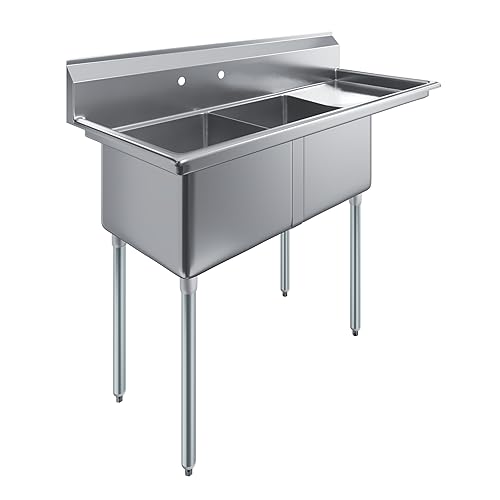Image of AmGood Stainless Steel Prep & Utility Sink | 304 Stainless Steel | Restaurant, Kitchen, Laundry, Garage | NSF (23 in. x 57 in. | Two Bowls | Right Drainboard)