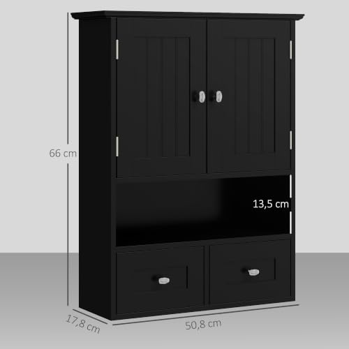 Miniatura 3 de Kleankin Armario De Baño De Pared, Armario Colgante, Mueble Suspendido De Baño, 2 Puertas Con Cierre Magnético, 2 Cajones Y Estante Abierto, Para Cocina, Lavadero, 50,8x17,8x66 Cm, Negro