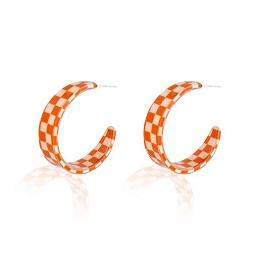 Vintage Minimalist 80s C Shaped Acrylic Dangle Earrings Lightweight Geometric Black White Plaid Hoop Earrings Colorful Chunky Big Earrings Statement Jewelry Gifts for Women