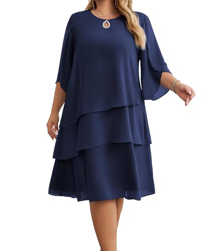 Hanna Nikole Elegantes Chiffon-Kleid für Damen mittellange Ärmel Rundhalsausschnitt gestuftes einfarbiges Midikleid Marineblau 54