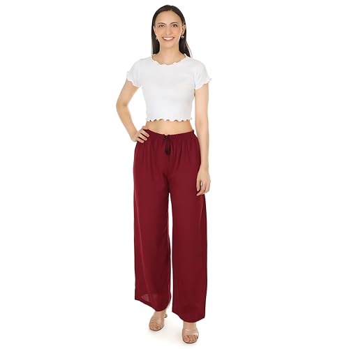 Image of Women's Rayon Palazzo Pants | Solid Color Wide Leg Trousers in 18 Shades | Elastic Waist Casual Bottoms XS-7XL | Comfortable