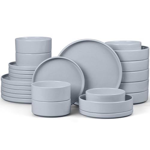 E-far Dinnerware Sets with Pasta Bowls, 24-Piece, Speckled Gray