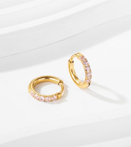 Image of Hypoallergenic Unisex Surgical Steel Small Cubic Zirconia Huggie Hoop Earring, Color Gold - Silver - Rose Gold - Black - Rainbow, Size 6mm- 12mm Safe for Sensitive Ear