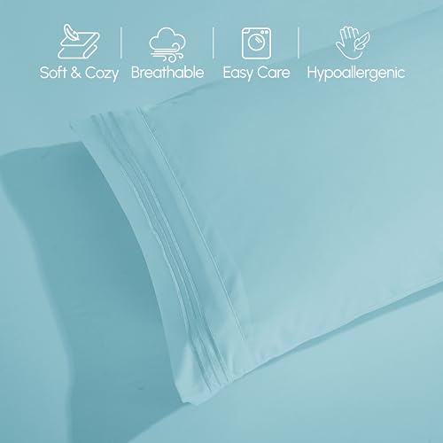 Image of Elegant Comfort Luxurious 1500 Premium Hotel Quality Microfiber Three Line Embroidered Softest 4-Piece Bed Sheet Set, Wrinkle and Fade Resistant, Queen, Aqua Blue