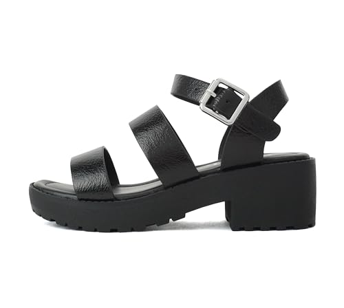 Image of Soda ACCOUNT-2 ~ Little Kids /Children /Girls Open Toe Two Bands Lug sole Fashion Block Heel Sandals with Adjustable Ankle Strap