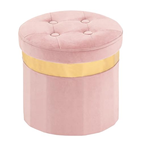 xuperbonus Small Ottoman with Storage Folding Round Ottoman with Gold Trim Velvet Storage Stool Foot Stool with Soft Padded Foot Rest for Living Room13x13x12.4(Pink 1pcs)