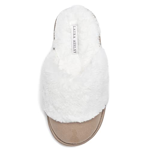 Laura Ashley Womens Plush Micro Suede Memory Foam Scuff Slippers, Wide Faux Fur Collar Slide On Bedroom Slipper House Shoes, Tan, Large #TOP8