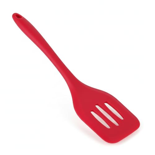 Image of DecorTwist Silicone Turner Spatula | Heat Resistant Kitchen Utensils for Cooking, Baking | BPA-Free, Food Grade Wooden Handle Nonstick Flipper for Fish, Eggs, Omelets (8X 0.2X 32cm,91g) Red