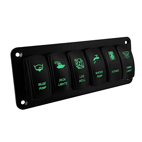 Image of 6 Gang UTV Rocker Switch Panel Pre-Wired Aluminum Green Led Marine Grade Boat Switch Panel for Truck Pontoon Camper ATV Console Waterproof 12V 24V IP66