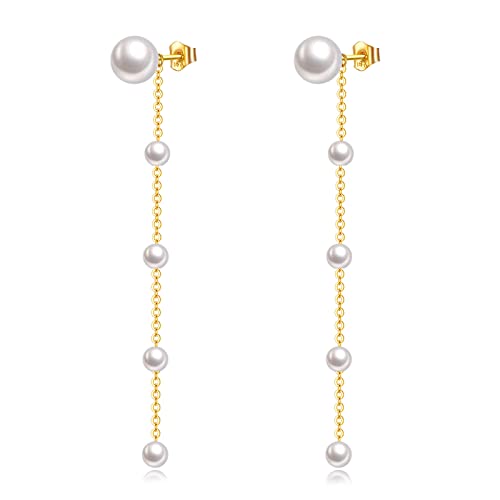 KECHO 14K Gold Freshwater Cultured Pearl Earrings Solid Gold Stud Chain Earrings Jewelry Gifts for Women