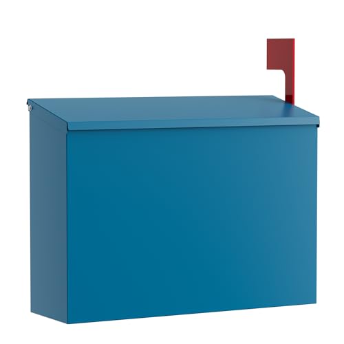 VERSASKY Wall-Mount Mailbox for Outside, Large Capacity Rust-Proof Mail Box with Stay-Open Lid & Red Flag Kit, Galvanized Steel Weather-Resistant Post Box for House Outside, 10.5"x4.3"x14.2", Blue by VERSASKY - Used condition - US$29.69