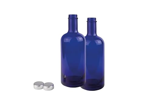 BELLEROFONTE Botella modelo ginebra de cristal azul solarizada para agua, 750 ml, con tapón, 2 unidades