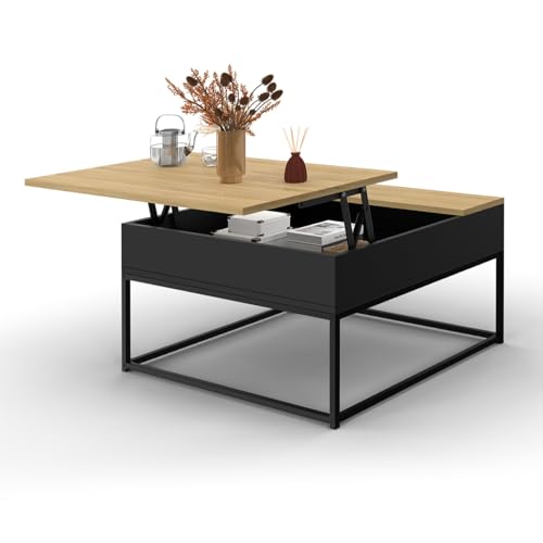 IDMarket - Couchtisch, quadratisch, Schwarz, klappbare Platte, Buche in Boston-Optik, Industriedesign