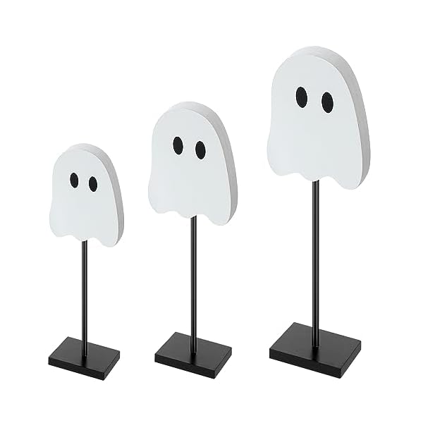 3 Pcs Halloween Standing Table Decor Wood Tiered Tray Table Decorations Ghost Cat Bat Candy Corn Table Centerpiece Tall Block Sign Set for Halloween Party Home (Ghost)