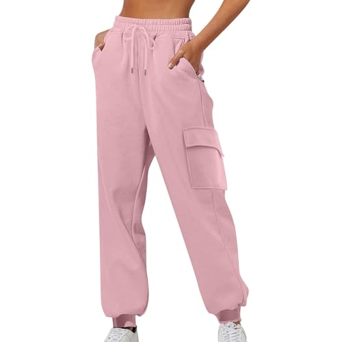 Womens Cargo Sweatpants 2025 Fall Fashion Baggy Comfy Casual Plus Size Fleece Joggers with Pockets Y2k Clothes Pink Large