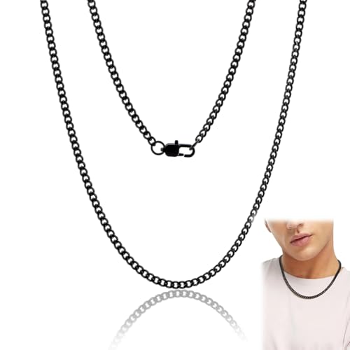 RVYEIOP Collier Homme Acier Inoxydable, Chaine Homme Argent de Style Cubain Noir, Longueur 55 cm, Largeur 5 mm, Cadeau Bijou pour Garçon