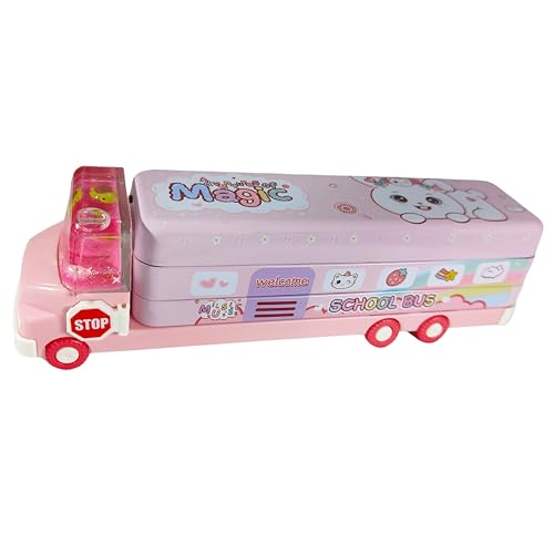 Image of ZAFCO Metal Bus Pencil Box for Boys | Gel Toy with Moving Wheels Compass for Kids | Pen Box for Students | Geometry for School | Birthday Return Gift 1 Unit (Pink-Truck)