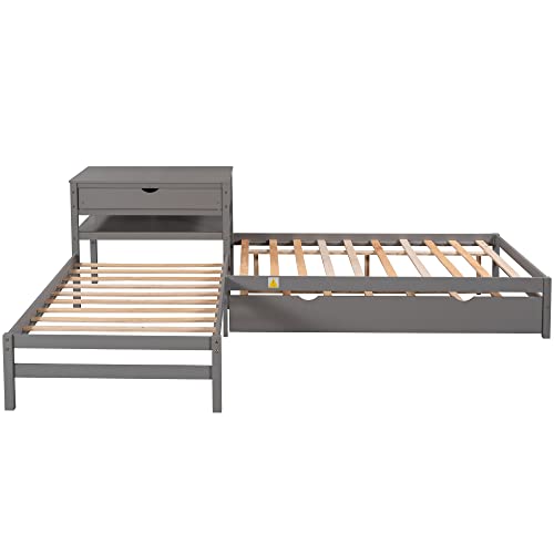 L Shaped Bed, Twin And Full Platform Bed With Trundle And Drawers, Wooden Corner Bed Frame Linked With Built-In Desk For 3 People, Gray #TOP7