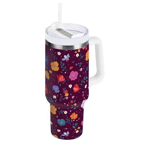 linqin Vaso aislado al vacío con diseño de flores coloridas, color borgoña, con tapa de pajilla, botella de agua de viaje, de 40 onzas, taza de café portátil de boca ancha para mujeres y hombres