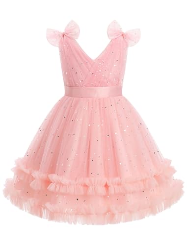 Image of IMEKIS Toddler Kids Girls Sparkle Sequins Tulle Party Dress, Wedding Formal Birthday Tea Party Dresses 2-8T