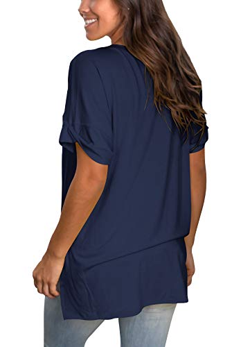 Image of Sampeel Women's V Neck T Shirts Casual Rolled Short Sleeve Side Split Summer Tops Loose Fit