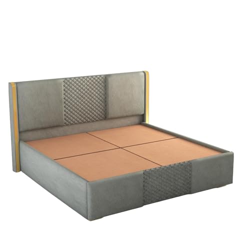 Image of Modern King Size Upholstered Bed with Padded Headboard | Platform Bed for Master Bedroom, Comfortable Back Support & Elegant Bedroom Furniture | Strong & Durable Solid Wood Frame | Grey