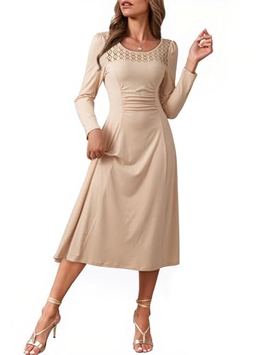 Dokotoo Women's Casual Long Sleeve Dresses Fashion Fall Lace Crewneck Elegant Solid Formal Midi Dress