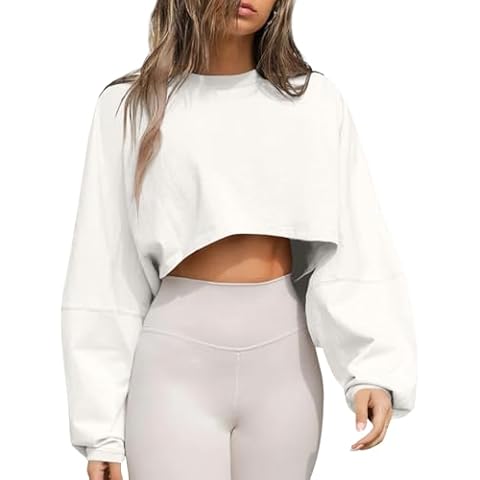 Tankaneo Womens Long Ballon Sleeve Sweatshirts Tops Cropped Crew Neck Loose Fit Casual Workout Shirts White Cover