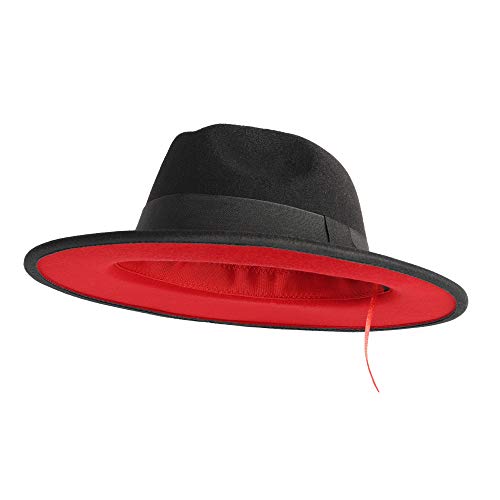 EXTREE Wide Brim Wool Felt Fedora Hat – Unisex Black-Red
