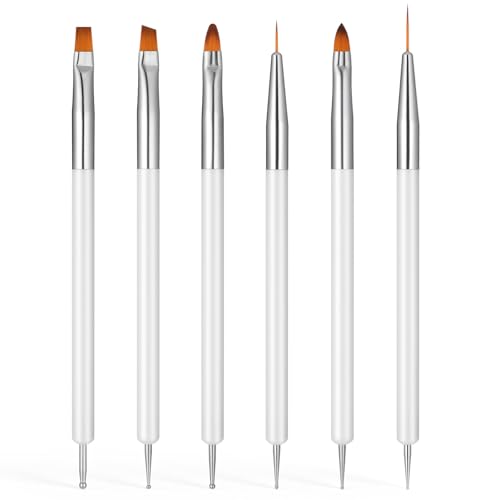 6Pcs Nail Dotting Tool Nail Art Tools Nails Brushes Gel Dotting Tools Small Paint Brush for Nails Double-ended Gel Polish Liner Brush Kit Small Detail Brushes for DIY Manicure White