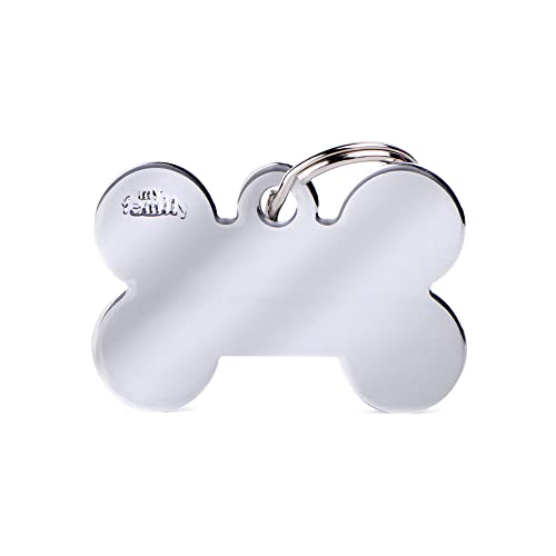 My Family Personalized Pet ID Tag Made in Italy, Large Bone in Chromed Brass, Free Engraving, Aluminum, Basic Collection, 38X24 mm