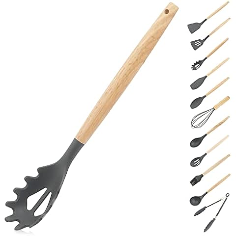 Silicone Pasta Spoon with Wooden Handle Cover