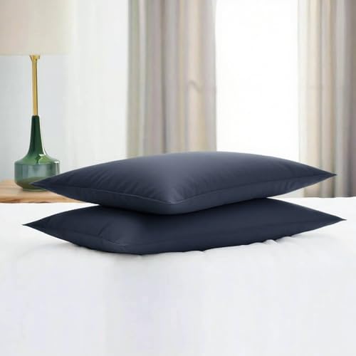 Image of Flat Ultra Thin Bed Pillows Standard Size Pillow Set of 2 Extra Soft Down Alternative for Stomach Back Sleeper Dark Blue 20x26inches