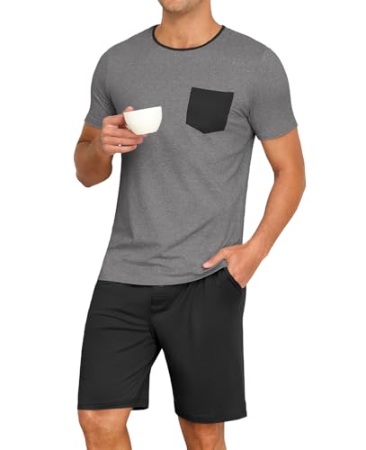 PrinStory Mens Summer Pajamas Set Lightweight Pjs Sets Short Sleeve Pajama Shorts Set Soft Sleepwear Loungewear with Pockets2