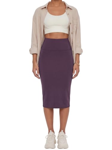 Image of Rooscier Women's High Waisted Pencil Midi Skirt | Stretchy Bodycon Knee Length Skirts with Back Slit