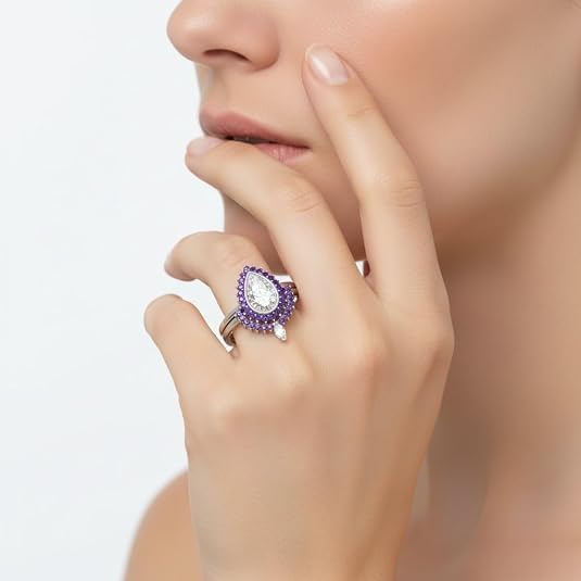 Image of 55Carat Choose Your Gemstone Bezel Pear Shape Halo CZ Diamond CZ Ring Sterling Silver Pear Shape Wedding Ring Sets Ornaments Surprise for Wife Symbol of Love Clarity Comfortable US Size 4 to 12